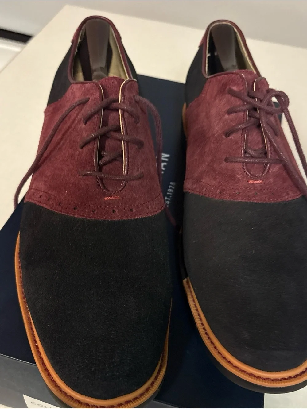 Cole Haan Men's Great Jones Saddle II Oxfords Shoes Black Burgundy Suede 10 1/2